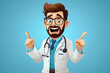 © mathiasalvez - Excited cartoon doctor with beard and glasses, pointing up with both hands  .
