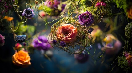 Aufkleber - Gravity-defying floral garden enchanting oasis digital art surreal atmosphere close-up nature's beauty unleashed