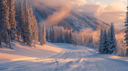 Poster - A tranquil winter wonderland showcases snow laden trees and groomed slopes under a soft sunrise. The peaceful scene evokes a sense of calm and beauty in nature.