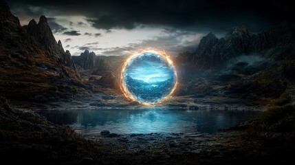 Aufkleber - Mysterious glowing portal enchanted landscape digital art fantasy realm aesthetic viewpoint