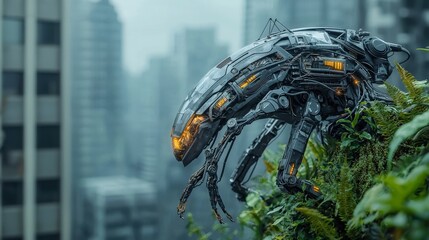 Aufkleber - Ai-powered robot guardian futuristic cityscape digital art urban jungle close-up vision for a peaceful society