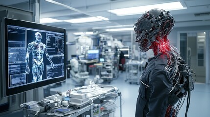 Poster - Cyborg humans display advanced robotic limbs in futuristic laboratory high-tech environment close-up perspective