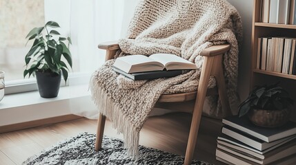 Wall Mural - A cozy reading nook featuring a wooden chair, a chunky knit blanket, and a stack of books