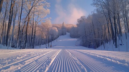 Poster - Freshly groomed ski trails create smooth lines on a pristine slope surrounded by frosty trees. The early morning light casts a soft glow on the winter landscape.