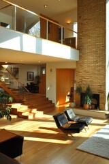 Wall Mural - A modern living room featuring minimalist design, a sunlit open floor plan, and warm light wood flooring. The room includes contemporary furniture and is highlighted by a brick wall.