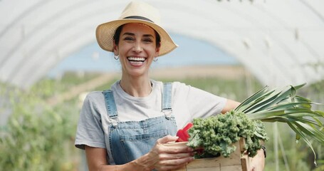 Wall Mural - Happy, greenhouse and face of woman with vegetables for agro, sustainable and farming business. Agriculture, harvest and female farmer with box of organic, fresh and natural produce in countryside.
