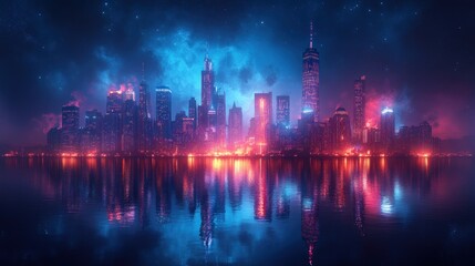 Canvas Print - Neon Cityscape Night Reflection, Fantasy Art