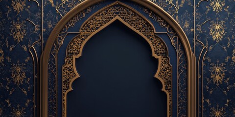 Wall Mural - Elegant Gold and Blue Islamic Archway Design Background: Intricate Arabesque Patterned Wall