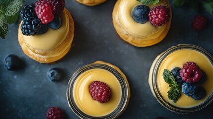 Wall Mural - Glass jar with creamy yellow panna cotta decorated with berries and mint leaves on a dark background