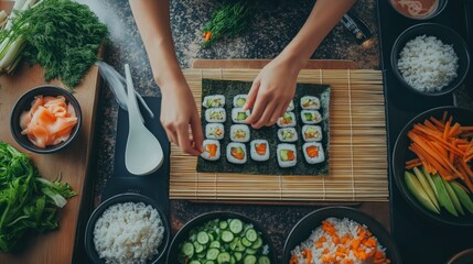 Top view of hands preparing Sushi preparing on a wooden table with all ingredients