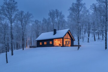 Wall Mural - Cozy wooden cabin glowing in snowy forest at twilight