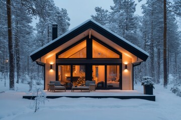 Wall Mural - Cozy wooden cabin glowing in snowy winter wonderland at dusk