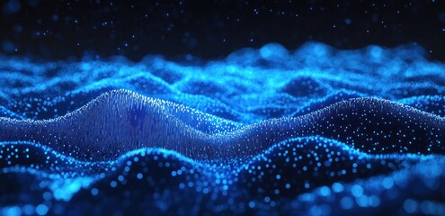 Poster - abstract blue particle wave background.
