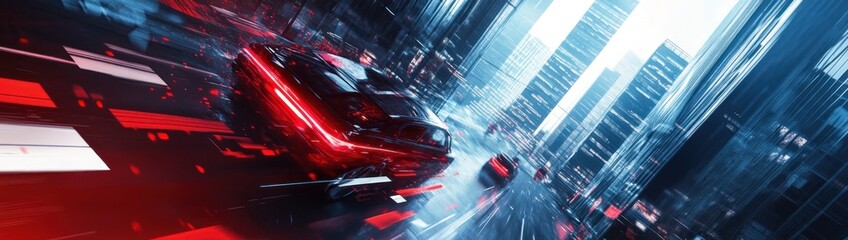 Wall Mural - Futuristic red car speeding through a city.