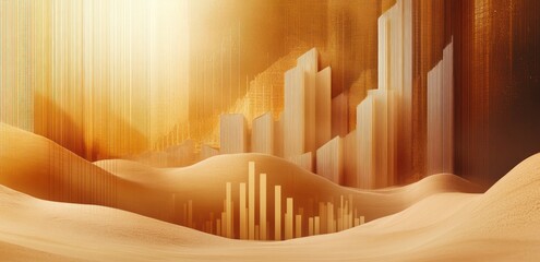 Wall Mural - Abstract city skyline emerging from sand dunes, bathed in warm sunlight.