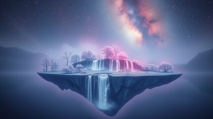 Magical floating island with cascading waterfalls under the vibrant milky way and starry night.