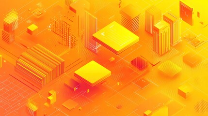 Wall Mural - abstract isometric digital city landscape with vibrant orange and yellow geometric shapes.