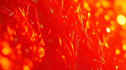 Intricate red net structure glistens with shiny flowing lines, creating a mesmerizing macro scene.