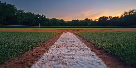 Wall Mural - Sunset view of a baseball field's infield, focusing on the white line separating the dirt and grass.