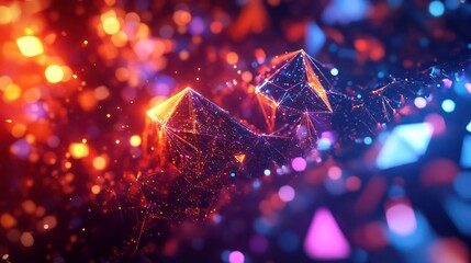 Wall Mural - A 3D illustration of a polygonal mesh with bright flashes, representing Artificial Neural Networks, Big Data, and the future of image technology, featuring a bokeh effect.