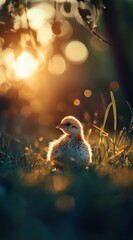 Sticker - Fluffy chick nestled in grass at sunset, backlit by golden light.