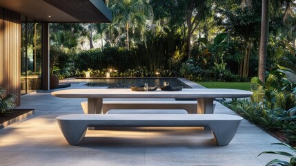 Wall Mural - Concrete outdoor dining table and bench set on patio with pool and lush tropical landscaping at dusk.