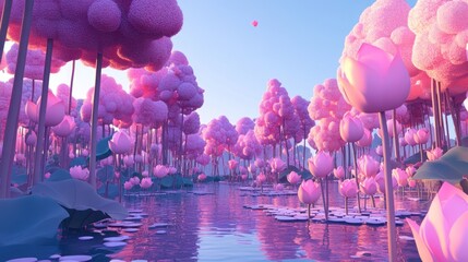 Wall Mural - Surreal pink lotus flower forest reflected in calm water at sunrise.