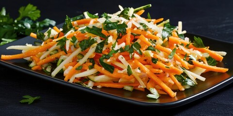 Poster - A pile of freshly shredded orange carrots, garnished with green parsley, on a dark plate. Healthy and vibrant side dish or salad component.