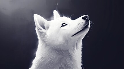 Wall Mural - A digitally painted portrait of a white husky puppy looking upwards, set against a dark background.