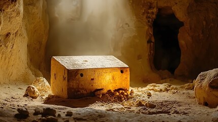 futuristic time capsule hidden deep beneath the ruins of an ancient monument in a remote desert loca