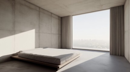 Wall Mural - Minimalist Concrete Bedroom with City View