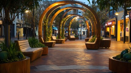 Wall Mural - Illuminated pathway with arched structures and benches at dusk.