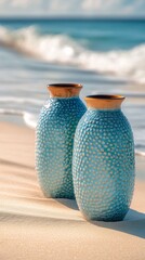 Wall Mural - Colorful pottery jars on sandy beach with ocean waves in bright daylight