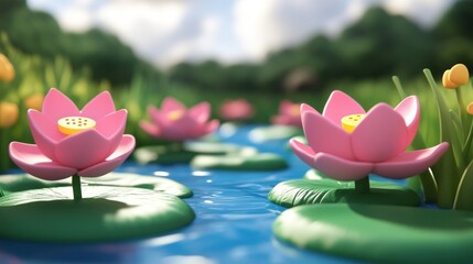 Wall Mural - Idyllic summer scene with pink lotus flowers blooming on lily pads in a calm stream.