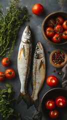 Wall Mural - Fresh fish and ripe tomatoes arranged on a dark kitchen surface with herbs and spices