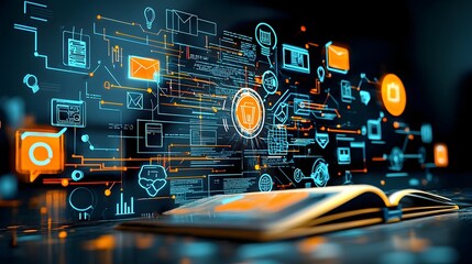 Neon lit tunnel filled with a dynamic array of educational icons and symbols guiding the way to a futuristic digital university campus  This abstract image represents the convergence of technology