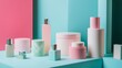 © Juan - Modern pastel-colored cosmetic bottles on display