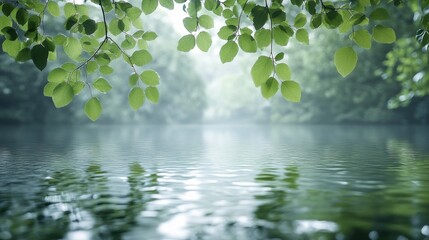 Sticker - Sunlight filtering through leaves over a tranquil water surface in a lush natural setting