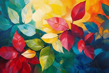 Wall Mural - Vibrant foliage pattern with a blend of colors in an artistic display of leaves