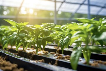 Drip Irrigation System for Organic Pepper Plants in Greenhouse - Close-up Farming Equipment for Crop Cultivation on Dirt