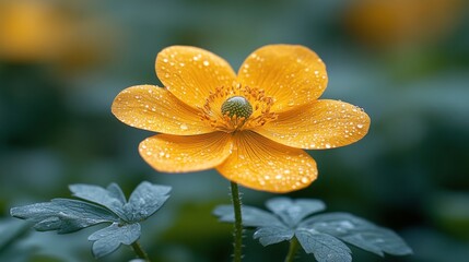 Wall Mural - Orange flower with water droplets after rain in a lush green background