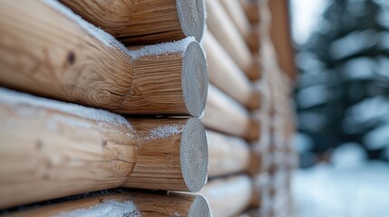 Wall Mural - Snowy log cabin wall, winter forest background, architecture detail