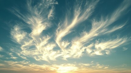 Wall Mural - Vast blue sky filled with swirling white clouds over a serene landscape