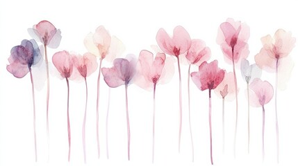 Poster - Delicate watercolor illustration of blooming flowers in soft shades enjoying the glow of early morning light. Generative AI