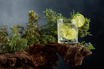 Wall Mural - Cocktail gin and tonic with ice, lime, and rosemary on an old snag.