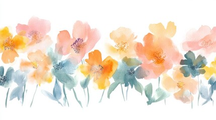 Poster - Colorful watercolor illustration of blooming flowers in a serene garden setting at sunset. Generative AI