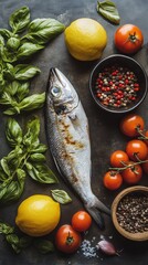 Wall Mural - Fresh mackerel with vibrant tomatoes, lemons, and herbs arranged on a rustic kitchen surface