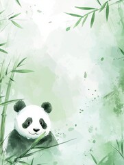 Poster - Watercolor illustration of a panda surrounded by bamboo in a serene green setting. Generative AI