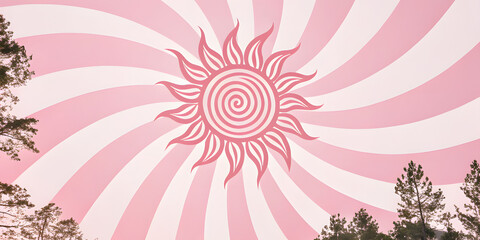 A retro style banner of the sun with rays in a sweet, soft pink color. A sunburst in a spiral with swirl stripes. A vintage 60s, 70s, and 80s abstract summer background vector illustration.