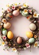 © Global Perspectives - Top view easter egg frame with robin eggs chocolate eggs pastel colors create airy feel floral decorations nests surround eggs copy space in center suggests greeting card invitation design for easter
